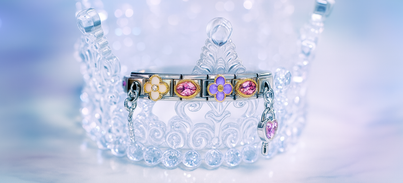 Bracelet with colorful flower charms on a decorative stand against a soft, blurred background