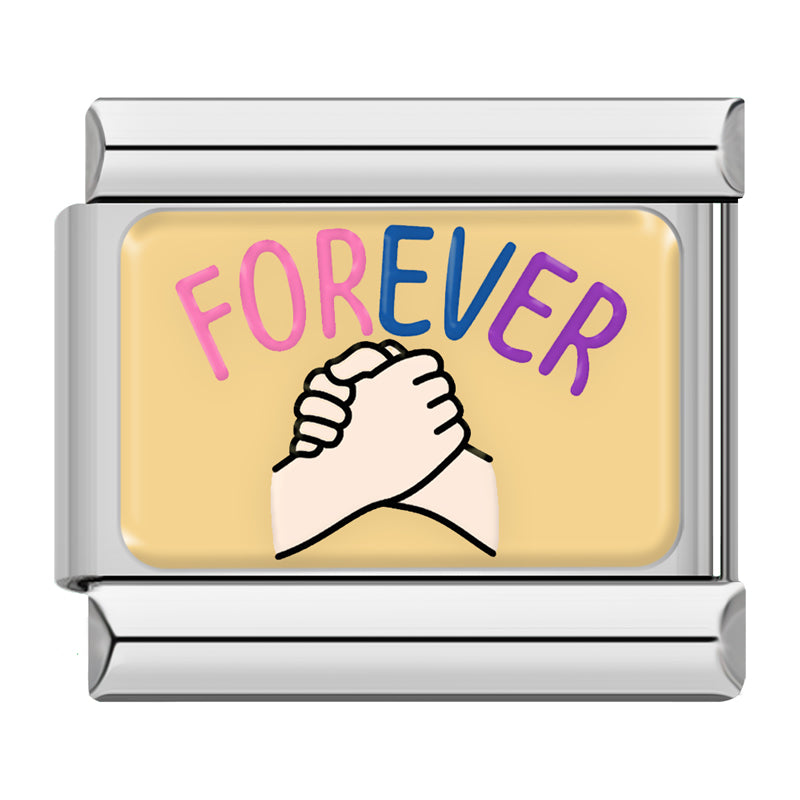 Italian charm bracelet - The clasped hands represent friendship, partnership, and unity. The word 'Forever' reinforces the idea of lasting bonds and commitment.