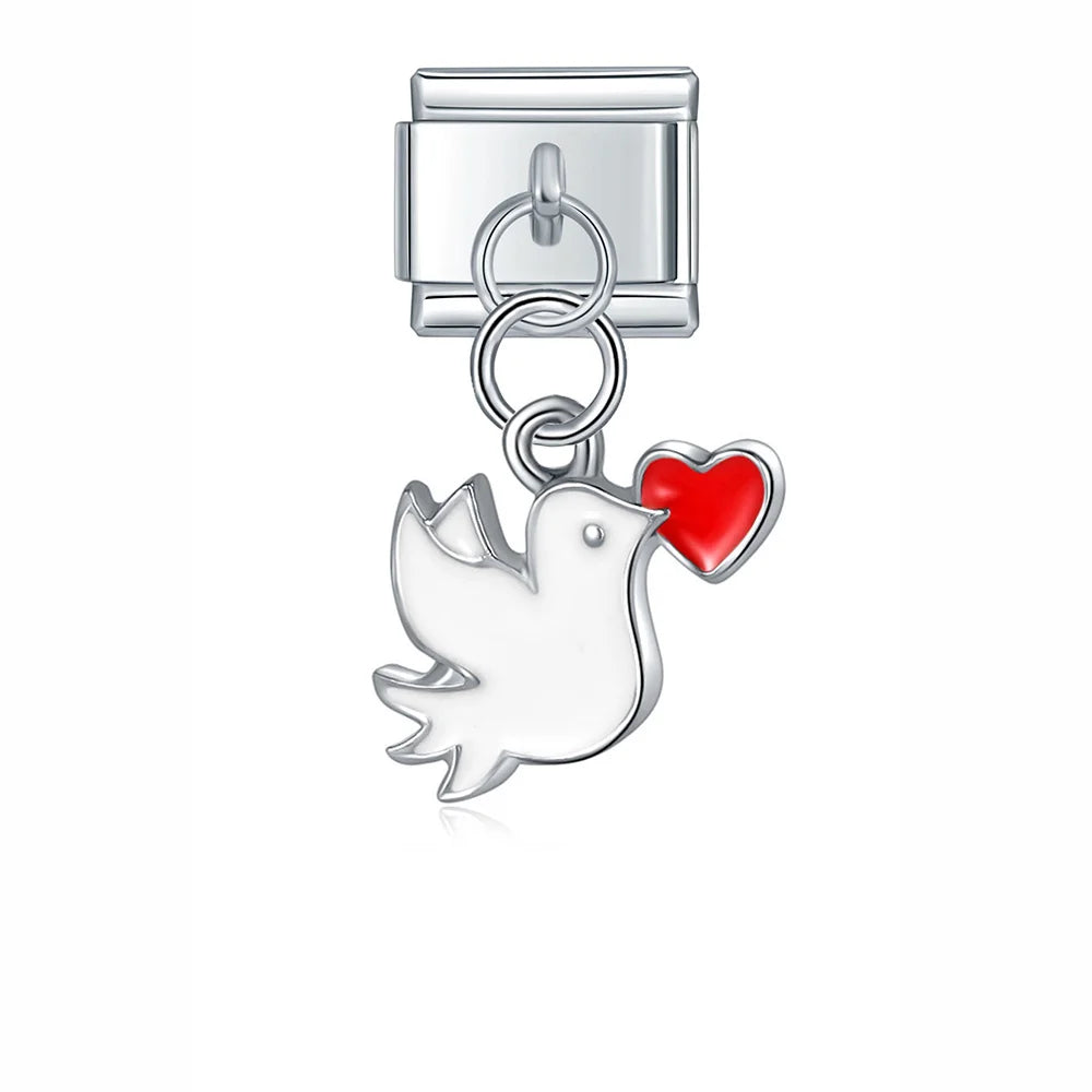 Italian charm bracelet - A dove symbolizes peace, hope, and new beginnings. The heart represents love and affection, making this charm a token of endearment and harmony.