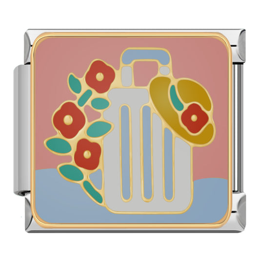 Italian charm bracelet -  Suitcases and hats symbolize travel and adventure, evoking happy memories.