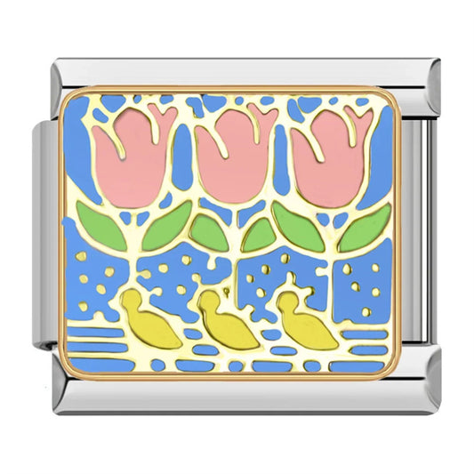 Italian charm bracelet -  Tulips often symbolize love and spring. Birds can represent freedom and joy.