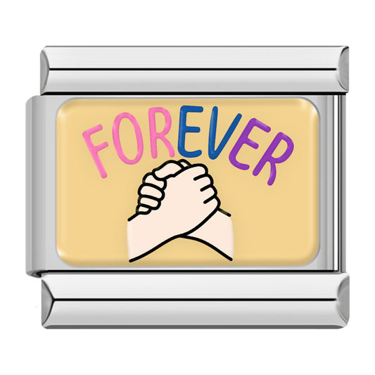 Italian charm bracelet -  The clasped hands represent friendship, partnership, and unity. The word 'Forever' reinforces the idea of lasting bonds and commitment.